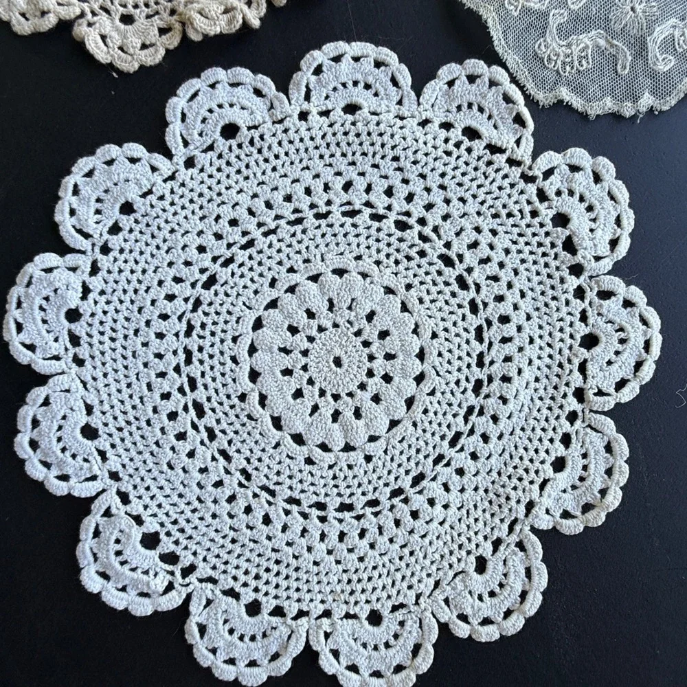 Vintage White and Cream Lace Doilies Set of 5 Handmade Crochet and Netting